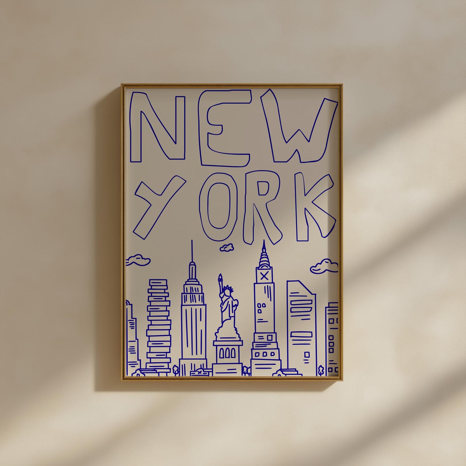 Minimalist printable wall art of the New York City skyline. The quirky illustration is a hand-drawn doodle style in a single blue line.