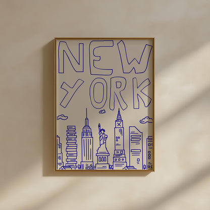 Minimalist printable wall art of the New York City skyline. The quirky illustration is a hand-drawn doodle style in a single blue line.
