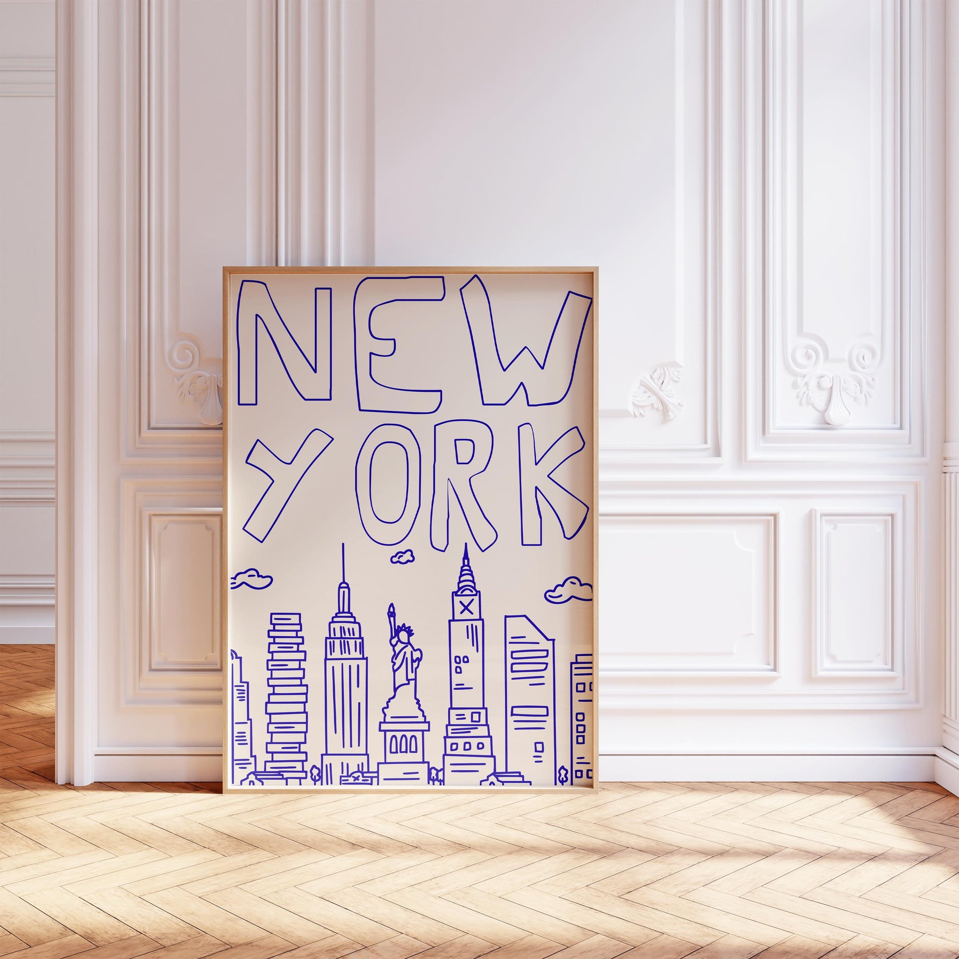 Minimalist printable wall art of the New York City skyline. The quirky illustration is a hand-drawn doodle style in a single blue line.