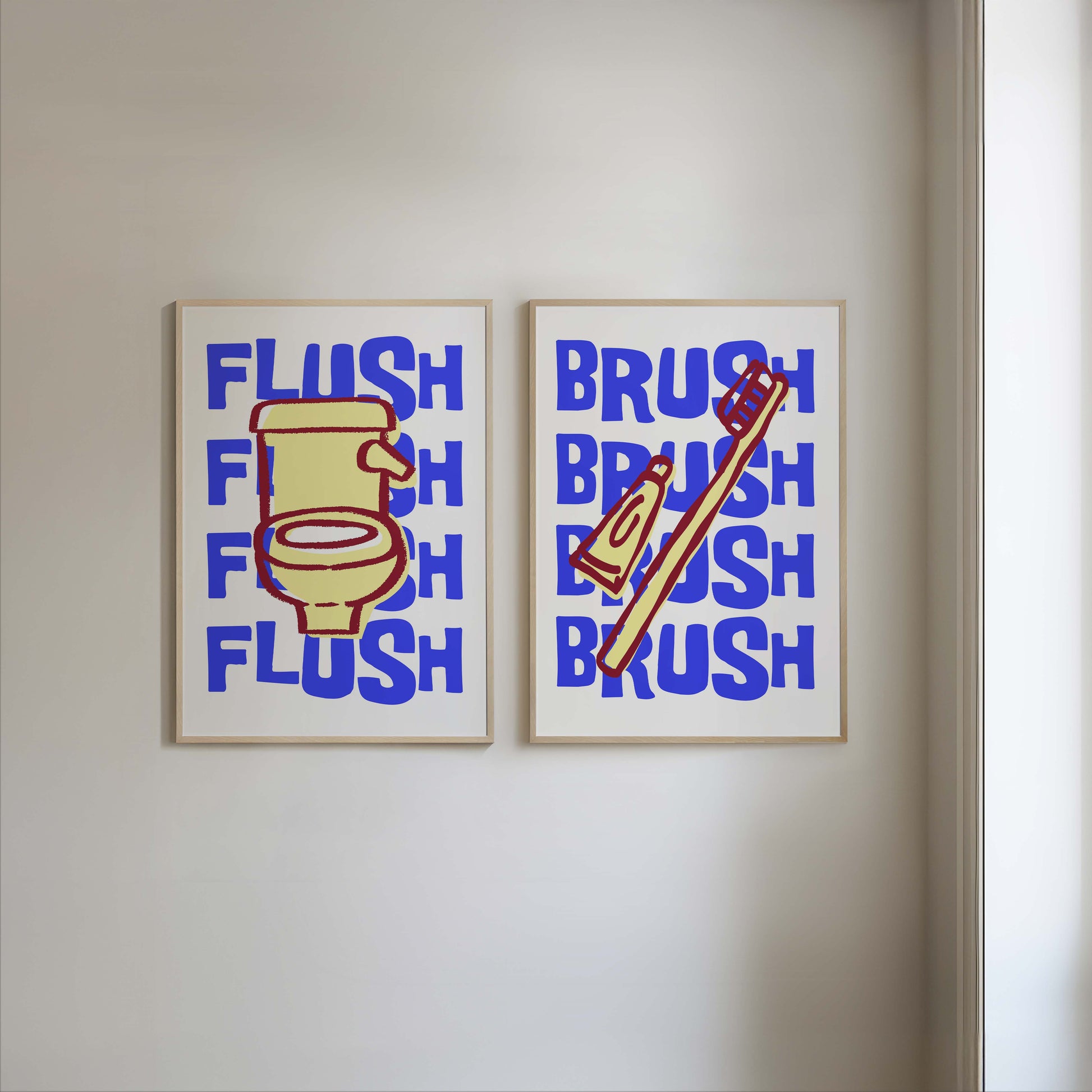 Set of two funky printable bathroom art prints. One features a toilet with the word 'Flush,' the other a toothbrush with the word 'Brush.'