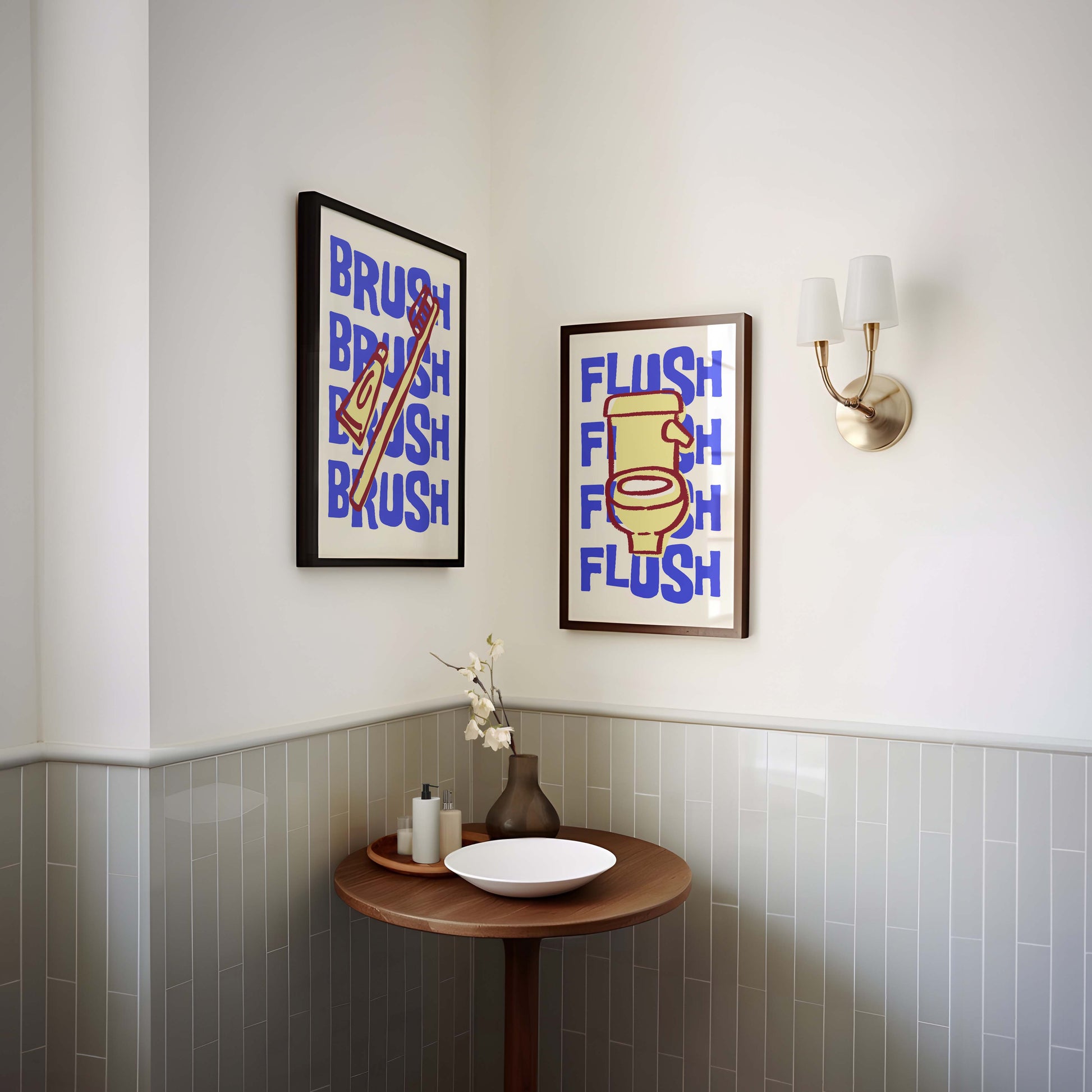Set of two funky printable bathroom art prints. One features a toilet with the word 'Flush,' the other a toothbrush with the word 'Brush.'
