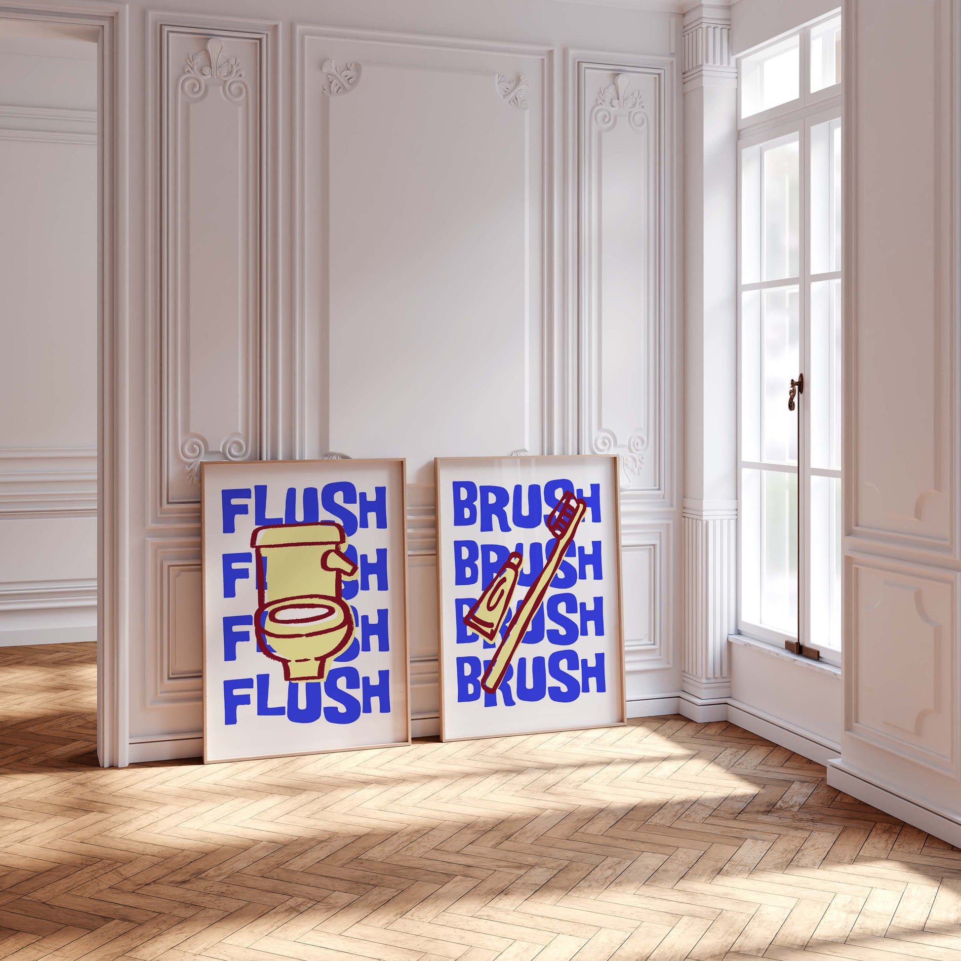 Set of two funky printable bathroom art prints. One features a toilet with the word 'Flush,' the other a toothbrush with the word 'Brush.'