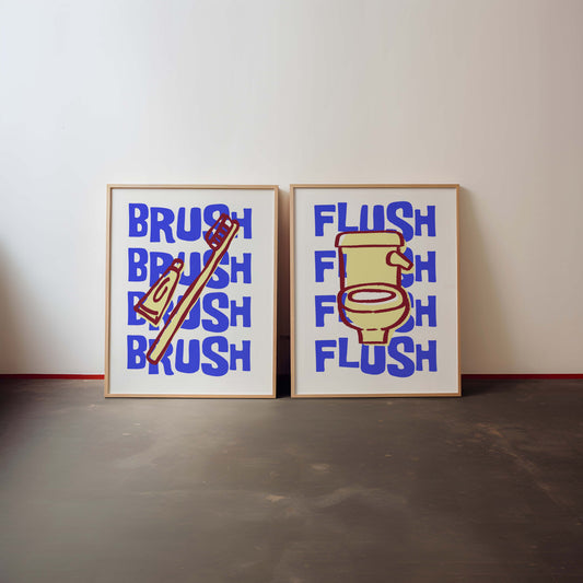 Set of two funky printable bathroom art prints. One features a toilet with the word 'Flush,' the other a toothbrush with the word 'Brush.'