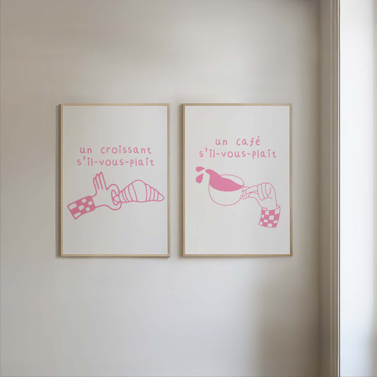 Set of two pink French cafe prints. One features a croissant, the other coffee, with French text. Quirky printable kitchen wall art.