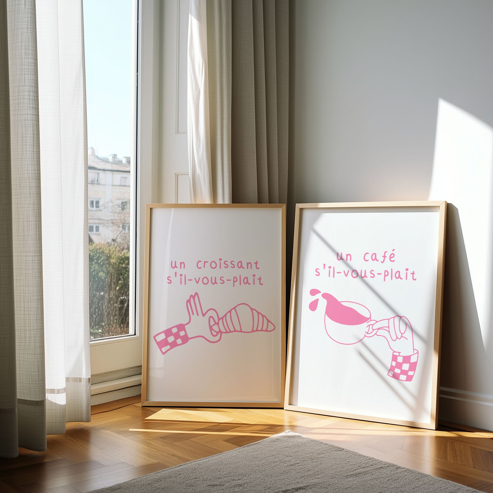 Set of two pink French cafe prints. One features a croissant, the other coffee, with French text. Quirky printable kitchen wall art.