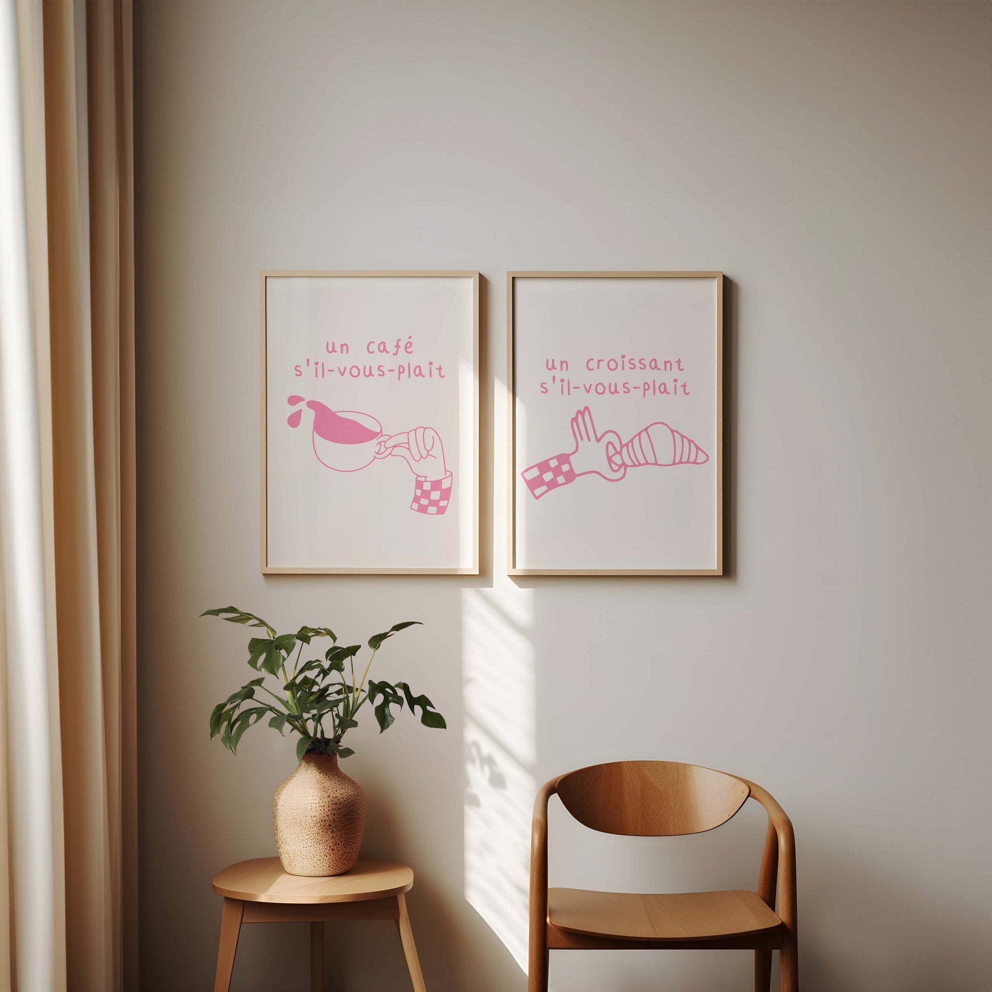 Set of two pink French cafe prints. One features a croissant, the other coffee, with French text. Quirky printable kitchen wall art.
