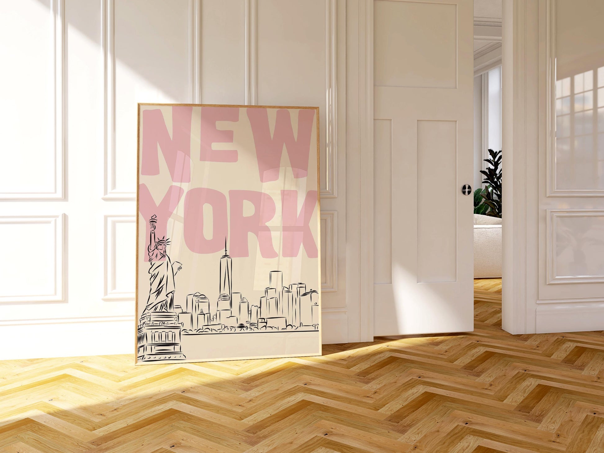Printable NYC poster with a skyline sketch and pastel pink text. Minimalist Statue of Liberty wall art for a bedroom or dorm.