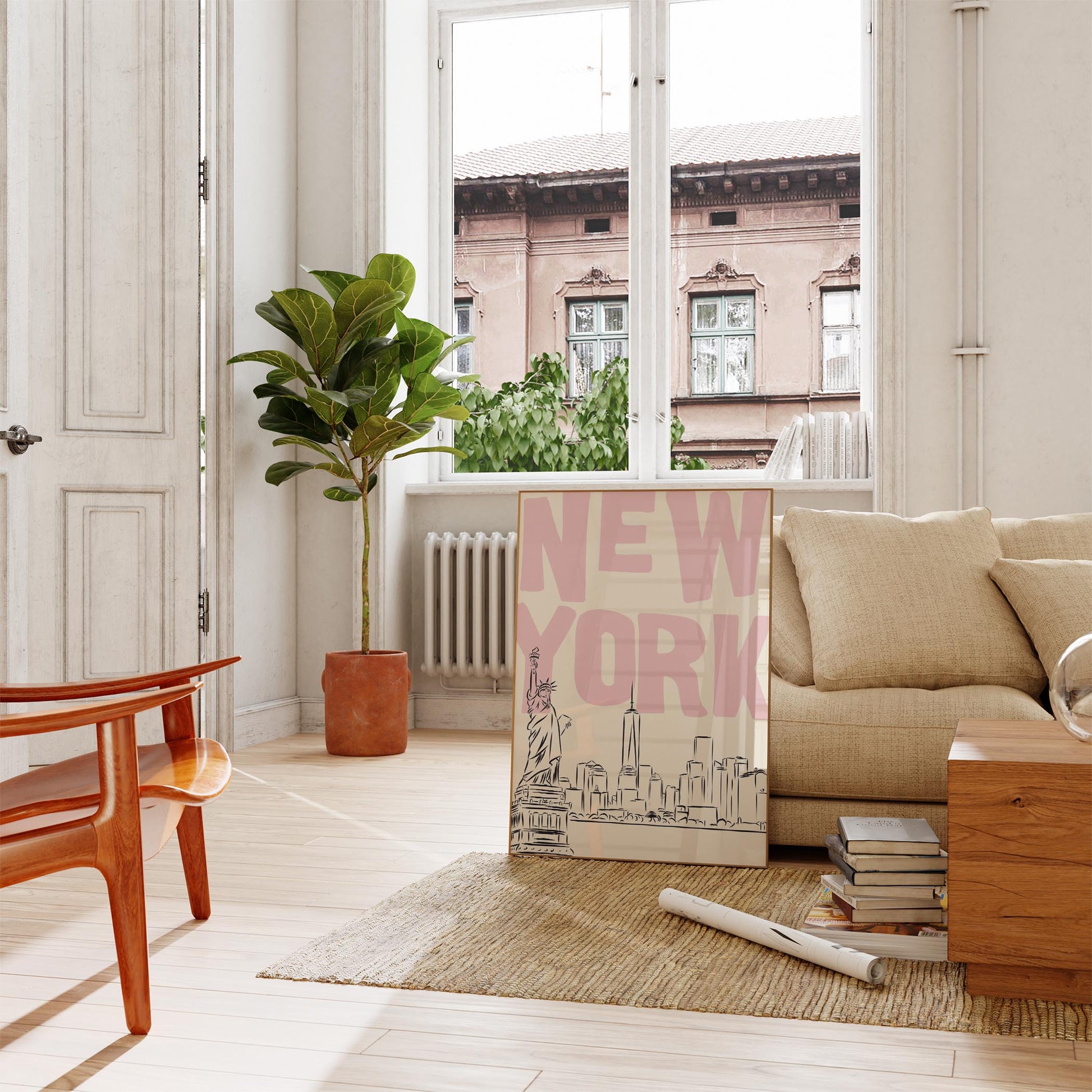 Printable NYC poster with a skyline sketch and pastel pink text. Minimalist Statue of Liberty wall art for a bedroom or dorm.