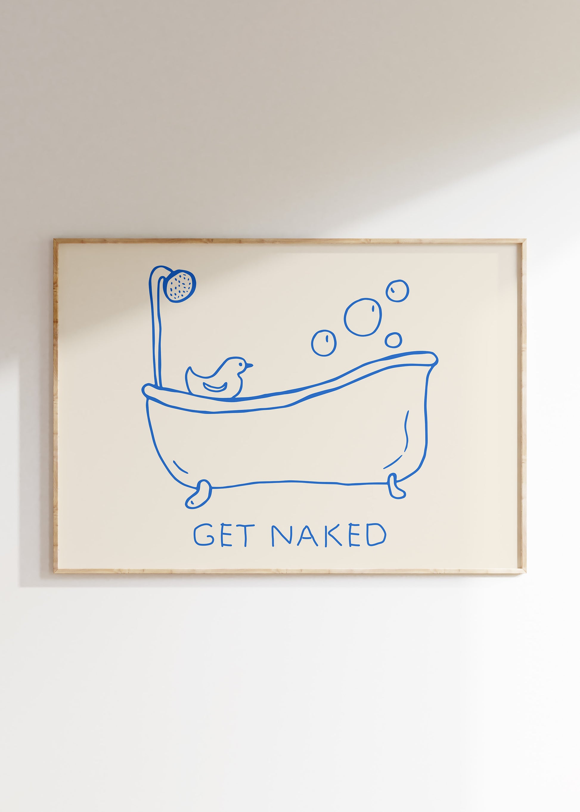 Hand-drawn blue line art of a bathtub with bubbles and a rubber duck, with text "GET NAKED" below.