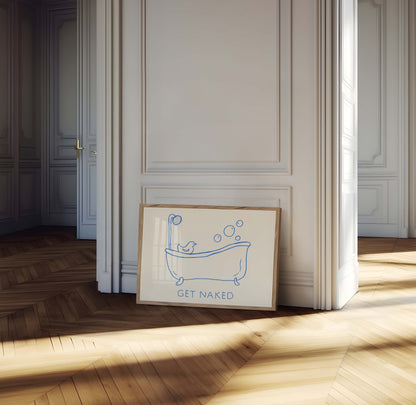 Hand-drawn blue line art of a bathtub with bubbles and a rubber duck, with text "GET NAKED" below.