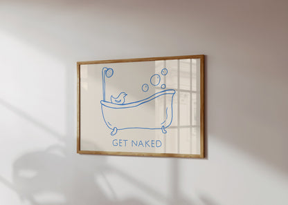 Hand-drawn blue line art of a bathtub with bubbles and a rubber duck, with text "GET NAKED" below.