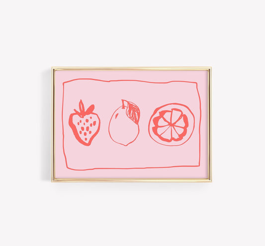A Danish Pastel print with a hand-drawn strawberry, lemon, and orange slice in red ink on a pink background.