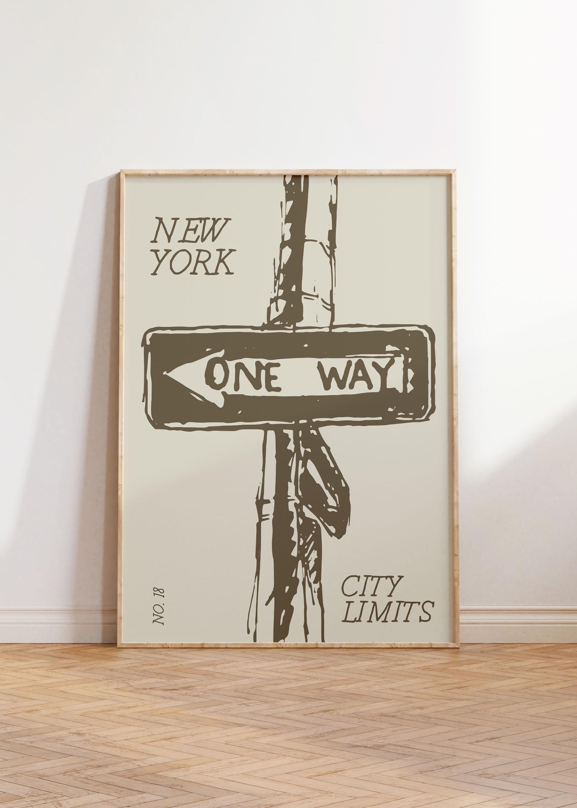 A retro New York print featuring a 'One Way' street sign in a gritty, graphic style with a neutral taupe and cream color palette.