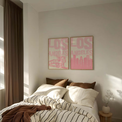 Set of two printable Los Angeles posters in pastel pink. Features the LA skyline and a lifeguard tower, perfect for a California gallery wall.