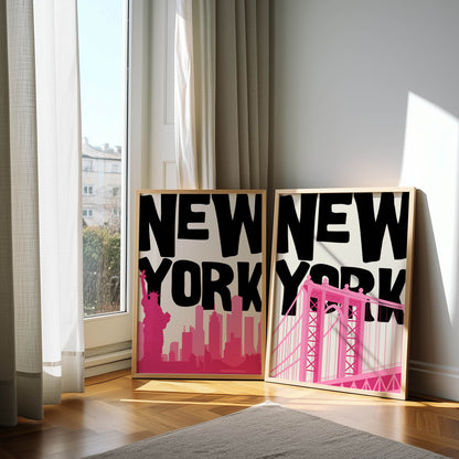 Set of two pop art NYC prints in bold black and pink. Printable wall art features the Manhattan Bridge and the Statue of Liberty.