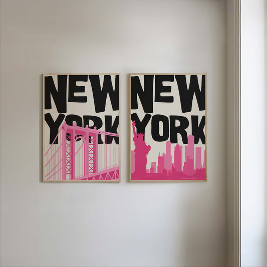Set of two pop art NYC prints in bold black and pink. Printable wall art features the Manhattan Bridge and the Statue of Liberty.