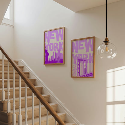 Set of two printable wall art posters of New York City in a bold purple and beige color palette with modern typography.
